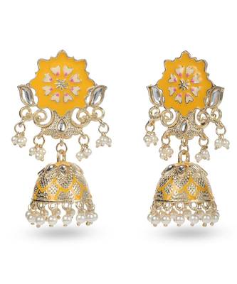 Beautiful Yellow Mint Meenakari Jhumka Earrings 3