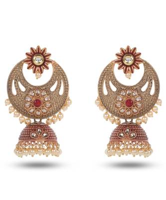 Traditional Design Red Meenakari Chandbali Jhumka Earrings 1