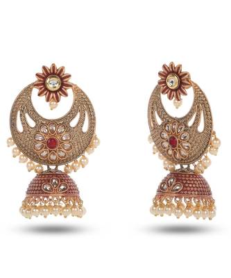 Traditional Design Red Meenakari Chandbali Jhumka Earrings 2