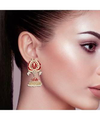 Seevee Fashion Red Meenakari Floral Jhumka Zircon Zinc Jhumki Earring 3