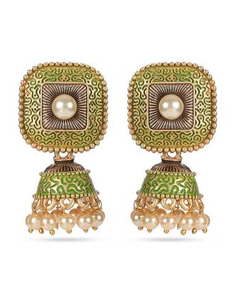 Traditional Indian Design Green Meenakari Jhumka Zircon Zinc Jhumki Earring 1