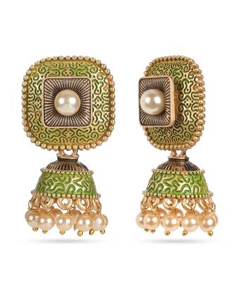 Traditional Indian Design Green Meenakari Jhumka Zircon Zinc Jhumki Earring 2