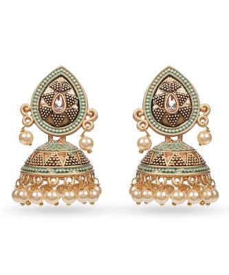 Lightweight Metal With Beautiful Green Mint Meenakari Jhumki Earrings 1