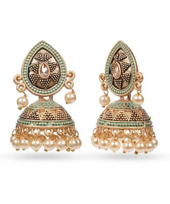 Lightweight Metal With Beautiful Green Mint Meenakari Jhumki Earrings 2