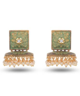 Beautiful indian Design Green Meenakari Square Shape Jhumka Earrings 1