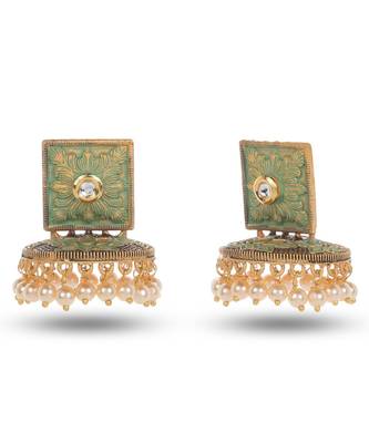 Beautiful indian Design Green Meenakari Square Shape Jhumka Earrings 2