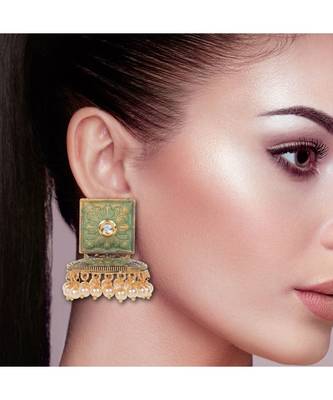 Beautiful indian Design Green Meenakari Square Shape Jhumka Earrings 3