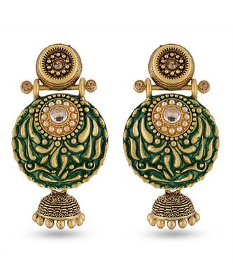 Indian Design Green Meenakari Chandbali Jhumka Earrings 1