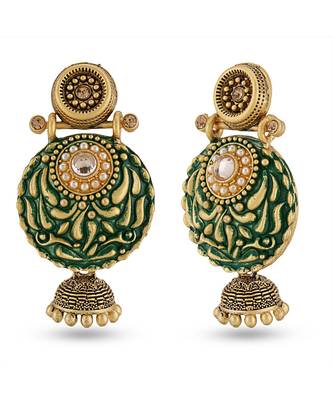 Indian Design Green Meenakari Chandbali Jhumka Earrings 2