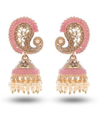 Lightweight Metal With Beautiful Pink Meenakari Jhumka Earrings 1