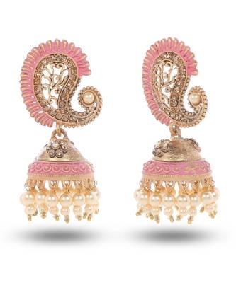 Lightweight Metal With Beautiful Pink Meenakari Jhumka Earrings 2