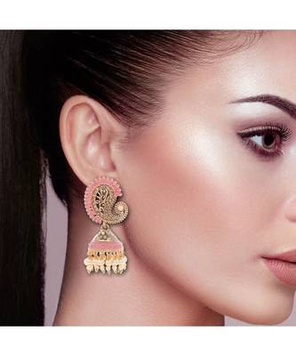 Lightweight Metal With Beautiful Pink Meenakari Jhumka Earrings 3