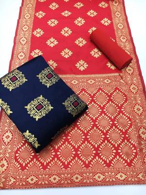  Blue Banarasi silk Unstitched dress material 1