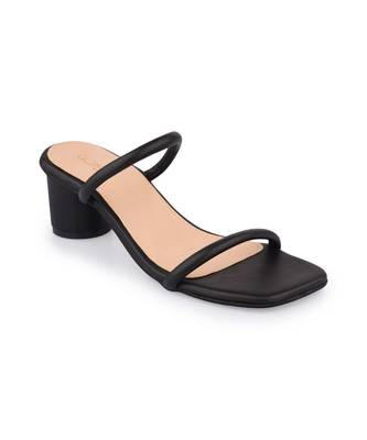black faux leather block heel with strap design 1