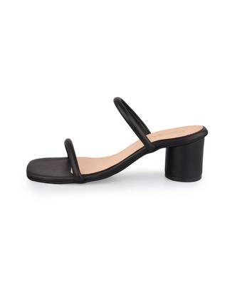 black faux leather block heel with strap design 3
