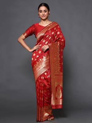 Glemora Red Beautiful Ethnic Wear Silk Blend  Traditional Saree 1
