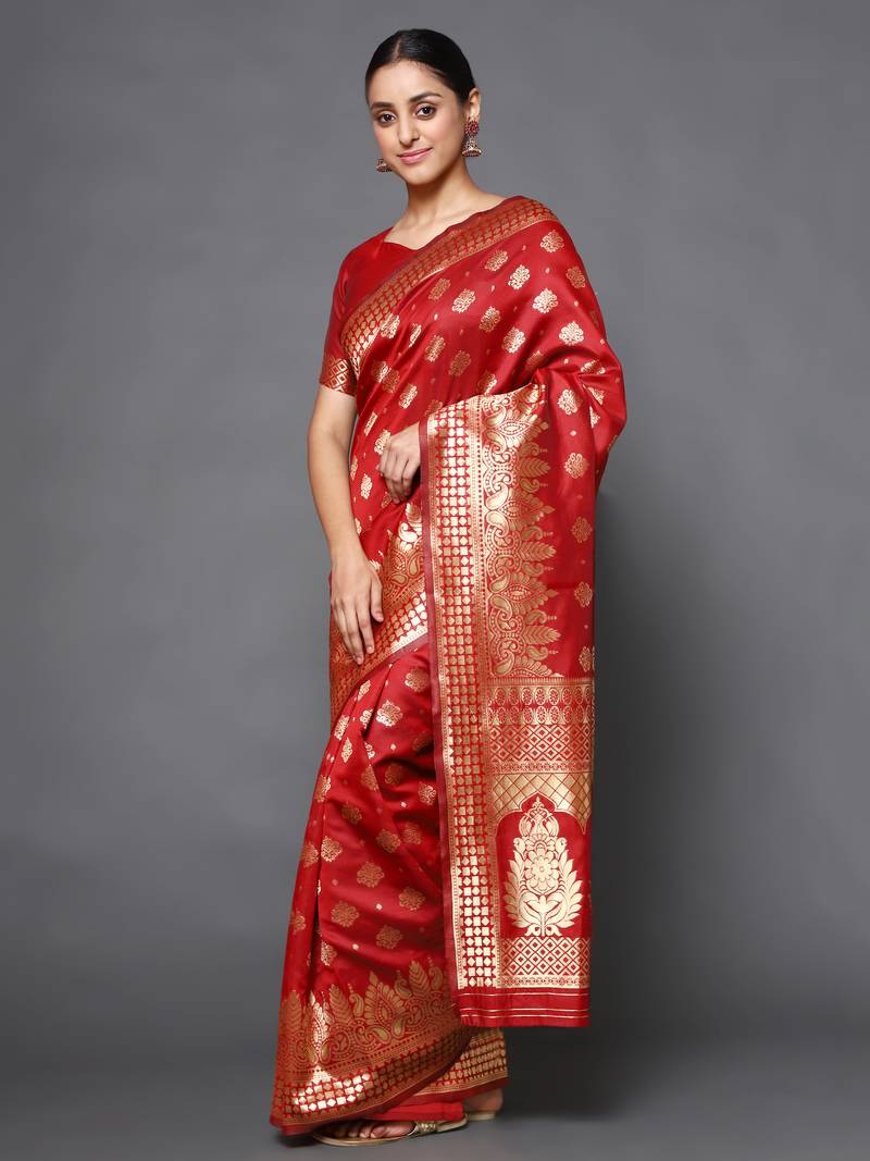 Glemora Red Beautiful Ethnic Wear Silk Blend  Traditional Saree