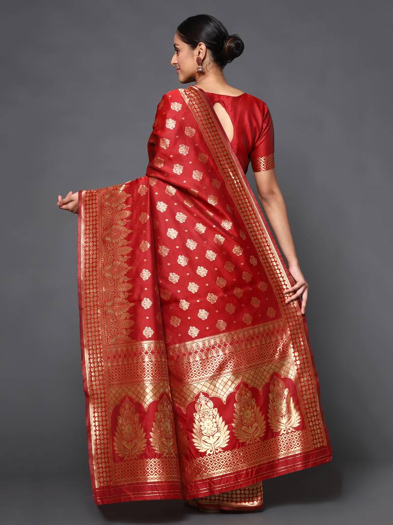 Glemora Red Beautiful Ethnic Wear Silk Blend  Traditional Saree