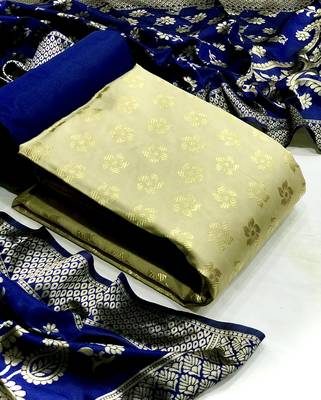  Beige blue Banarasi silk Unstitched dress material 1