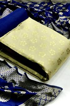 Beige blue Banarasi silk Unstitched dress material