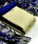 Beige blue Banarasi silk Unstitched dress material