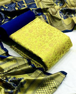  Lemon Banarasi silk Unstitched dress material 1