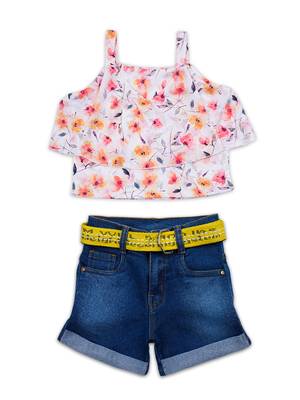 Orange printed georgette girls-top-bottom 1