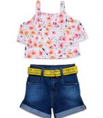 Orange printed georgette girls-top-bottom