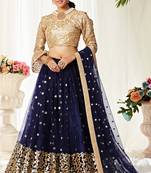 Navy-blue embroidered
 net semi stitched lehenga