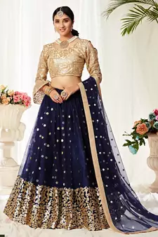 Navy-blue embroidered
 net semi stitched lehenga