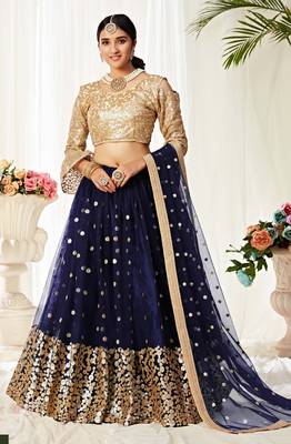 Navy-blue embroidered
 net semi stitched lehenga 5