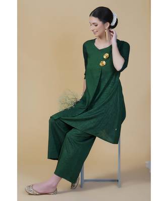 Green linen cotton self design lurex A line kurta with pants 2