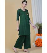 Green linen cotton self design lurex A line kurta with pants