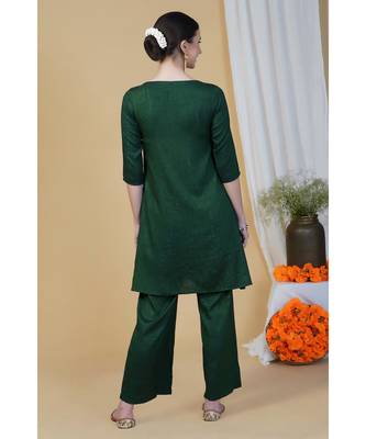 Green linen cotton self design lurex A line kurta with pants 6