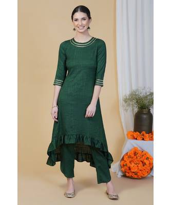 Green linen cotton self design lurex high low frilled kurta with petal pants 1