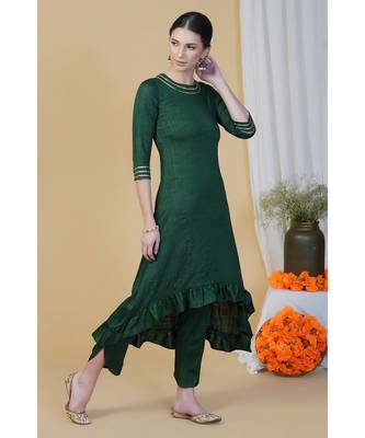 Green linen cotton self design lurex high low frilled kurta with petal pants 2