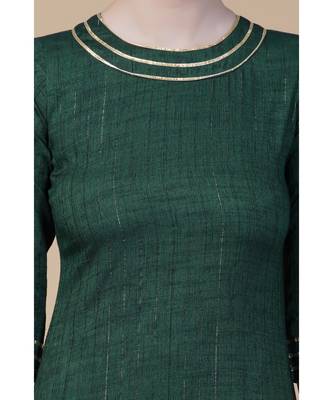 Green linen cotton self design lurex high low frilled kurta with petal pants 4