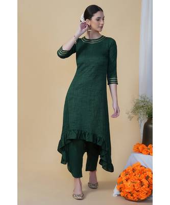 Green linen cotton self design lurex high low frilled kurta with petal pants 6