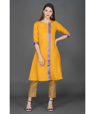 Winter festive mustard yellow kurta with over lap panel and brocade lace embellishment 1