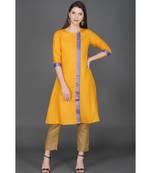 Winter festive mustard yellow kurta with over lap panel and brocade lace embellishment