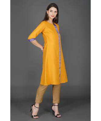 Winter festive mustard yellow kurta with over lap panel and brocade lace embellishment 2