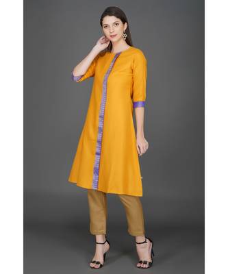 Winter festive mustard yellow kurta with over lap panel and brocade lace embellishment 3
