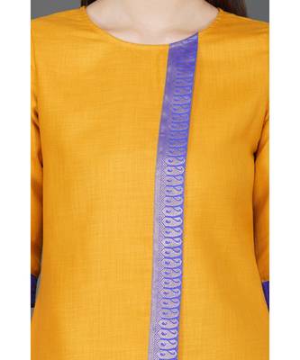 Winter festive mustard yellow kurta with over lap panel and brocade lace embellishment 4