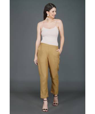 Winter festive set of mustard yellow overlap panel brocade embellished kurta and brown straight pants 2