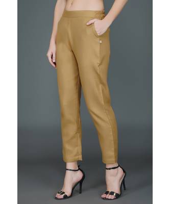Winter festive set of mustard yellow overlap panel brocade embellished kurta and brown straight pants 4