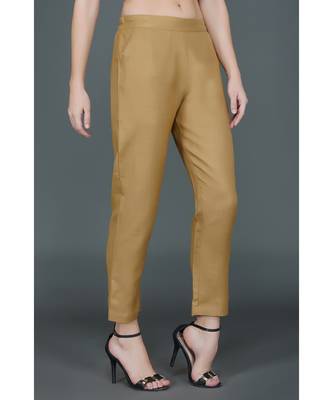 Winter festive set of mustard yellow overlap panel brocade embellished kurta and brown straight pants 5