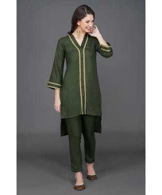 Winter festive dark green high low v neck kurta with gota embellishments 1