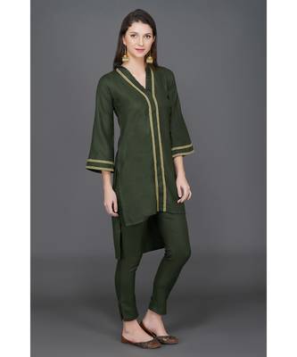Winter festive dark green high low v neck kurta with gota embellishments 2