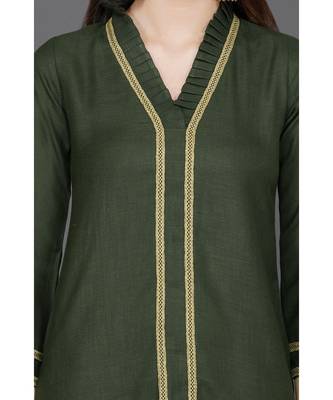 Winter festive dark green high low v neck kurta with gota embellishments 4
