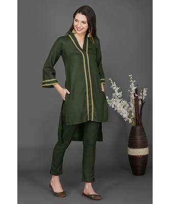 Winter festive dark green high low v neck kurta with gota embellishments 5